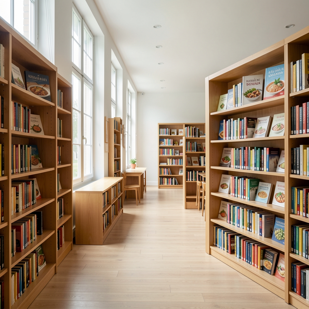 Светла библиотека са дрвеним полицама пуним књига и часописа о исхрани, природно светло кроз велике прозоре, спокојна и студиозна атмосфера без људи