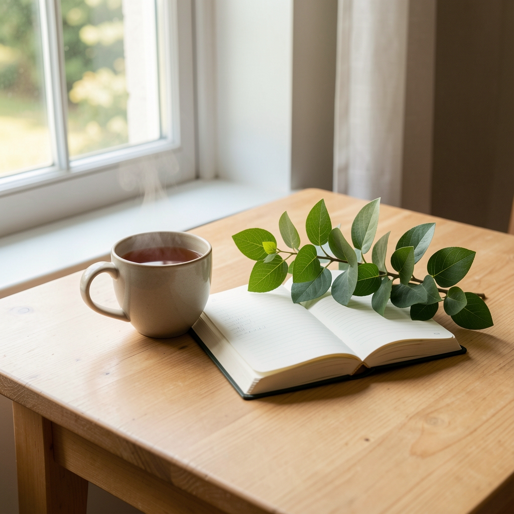 Јутарња рутина — шоља топлог чаја, отворени дневник и свежа грана биља на светлом дрвеном столу поред прозора у природном светлу