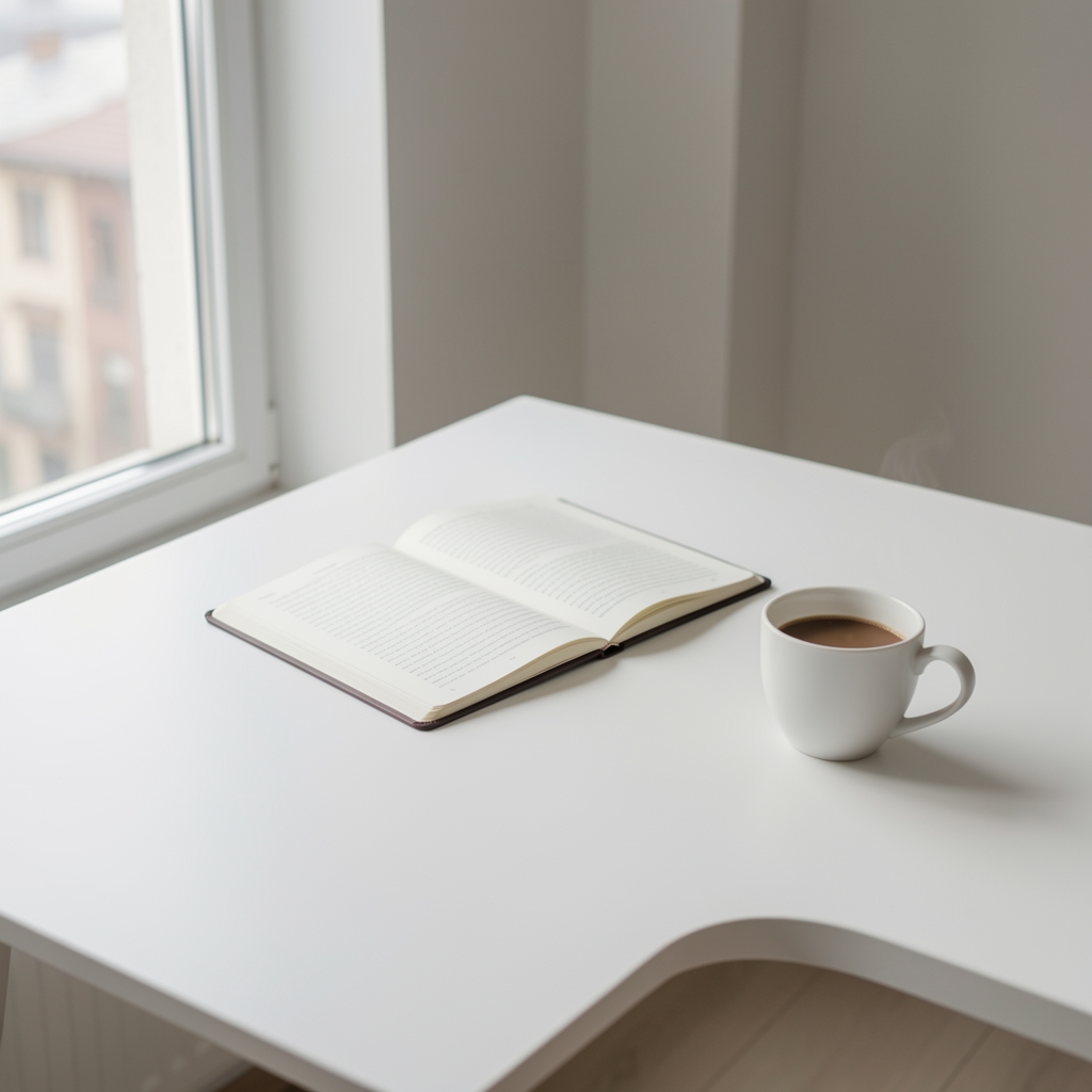 Светао, минималистички уређивачки простор са белим столом, отвореном свеском и шољом кафе поред прозора са природним светлом, без људи