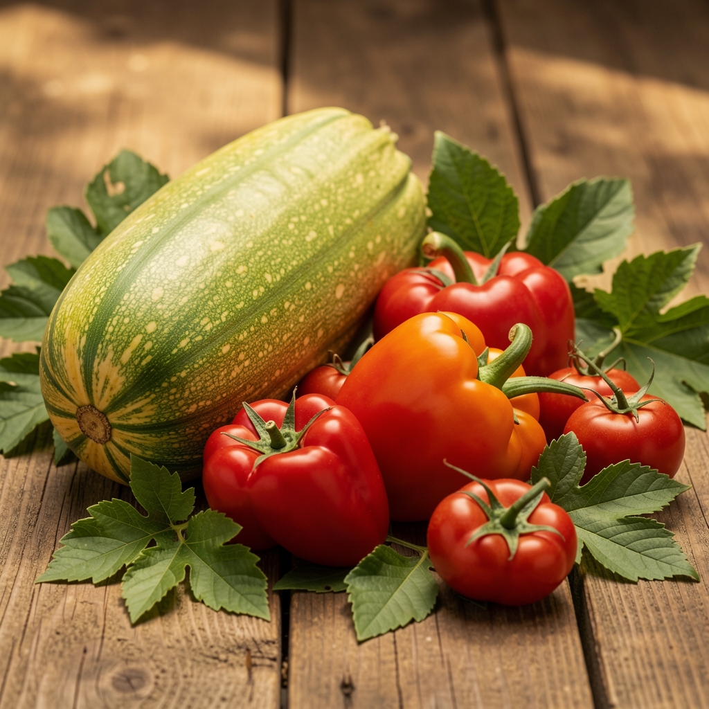 Кинематографска композиција свежег поврћа и воћа у природном светлу на дрвеној површини — тиква, паприка, нар и зелено лишће у топлим земљаним тоновима