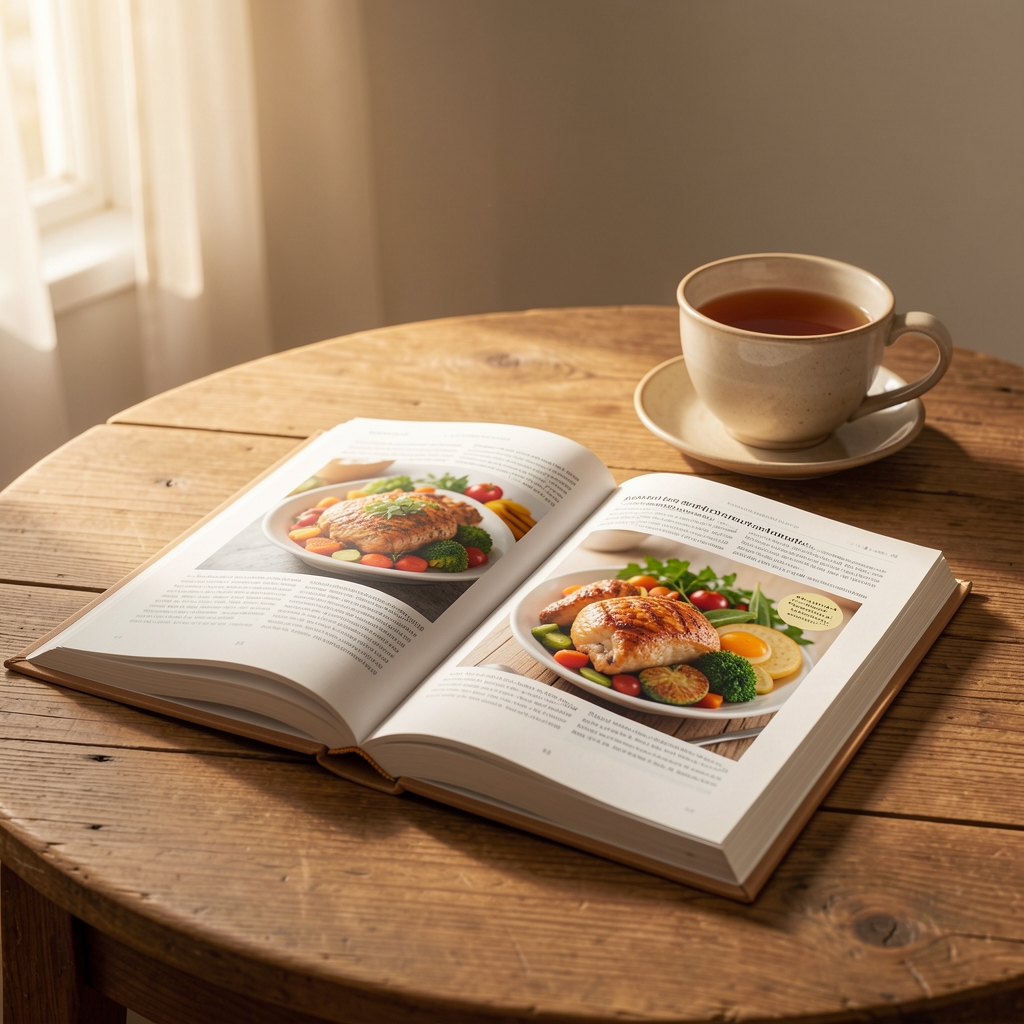 Отворена књига или часопис о исхрани на дрвеном столу са шољом чаја у позадини, топло природно светло са лева, спокојна студиозна атмосфера